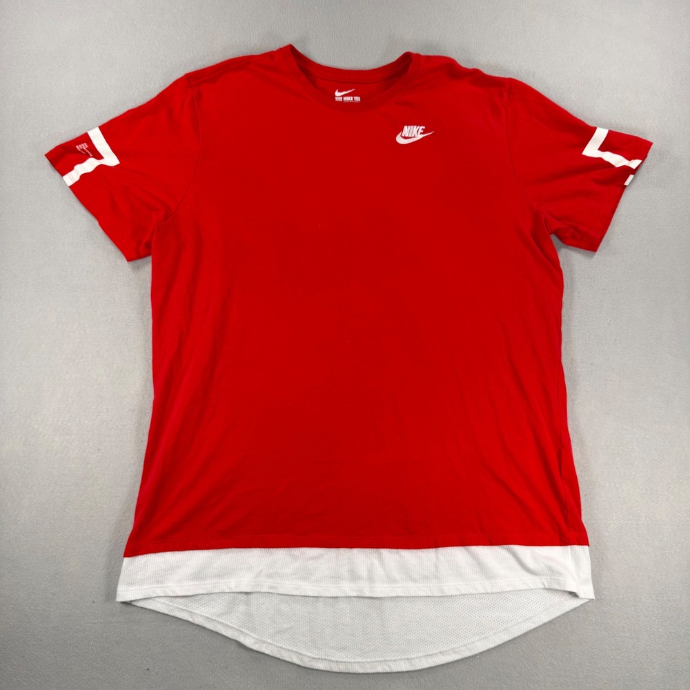 Nike Mens 3XL Red Athletic Cut T-Shirt Layered Mesh Hem Embroidered Logo Tee